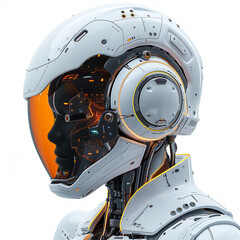 Fototapeta premium Part of one separated AI robot head 3D rendering with digital graphic brain engine inside isolated on white background with clipping path. Made with generative ai