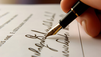Hand signing contract with fountain pen on desk.