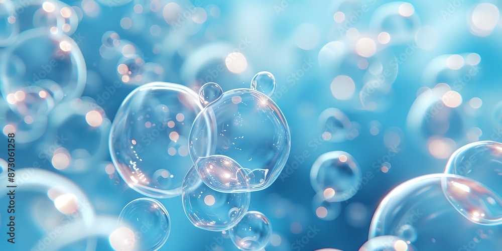 Poster a blue background with many bubbles of different sizes. the bubbles are floating in the air and some