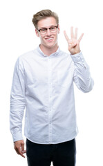 Young handsome blond man showing and pointing up with fingers number four while smiling confident and happy.