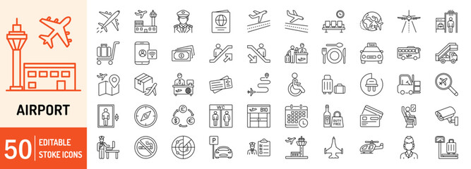 Airport editable stroke outline web icons set. Airport, ticket, passenger, boarding pass, immigration, pilot, passport, luggage departure and seat. Vector illustration