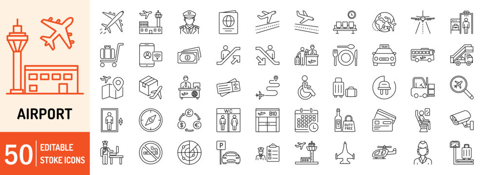 Airport editable stroke outline web icons set. Airport, ticket, passenger, boarding pass, immigration, pilot, passport, luggage departure and seat. Vector illustration