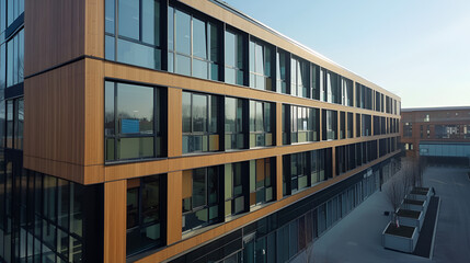 Fototapeta premium Aerial Drone Footage of Office Building with Natural Light Wood Facade