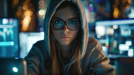Determined Young Woman Working Late in Dimly Lit Office Surrounded by Computer Screens