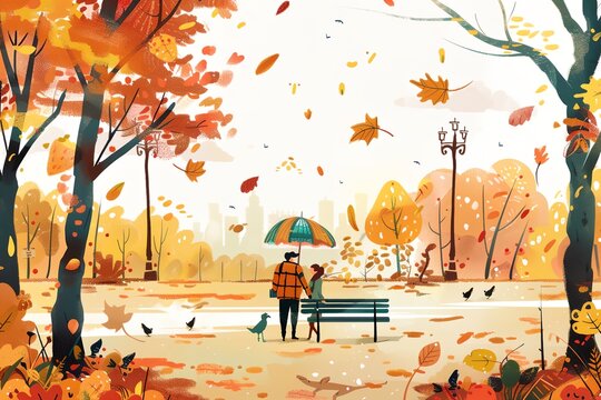 A man and a woman are sitting on a bench in a park. The man is holding an umbrella. The scene is set in autumn