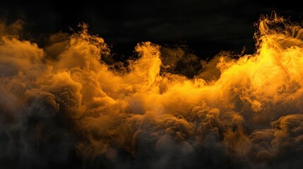 Fototapeta premium A black backdrop enveloped by thick, billowing yellow smoke, giving an impression of a vivid sunset obscured by dark clouds.