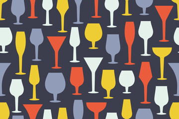 Fashion Glasses seamless pattern on black background. Fashion minimalist design. Silhouettes of Wineglasses, alcohol Drinks, cocktails, champagne. Vector illustration for wallpapers, textile, print