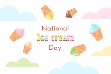 Ice cream day. Greeting banner with Delicious ice cream sundae in waffle cones. Sweet color frozen yogurt with various fruit topping and flavor. Vector flat cartoon illustration