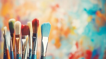 Fototapeta premium Colorful Paintbrushes Standing Upright with Blurred Vibrant Background, Perfect for Artistic Inspiration. Generative AI