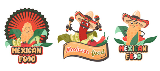 Red chili pepper in hat with vegetables and maracas. Smiling funny corn. Cute comic character isolated. Mexican food. Doodle hand drawn vector illustration for poster, flyer, banner, delivery, menu
