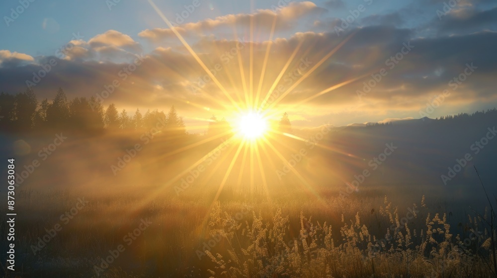 Poster background image of sunrise over dewy grass with bokeh effect. sun shinning through tree in the fore