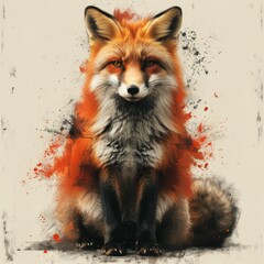 Red Fox Portrait with Watercolor Splashes