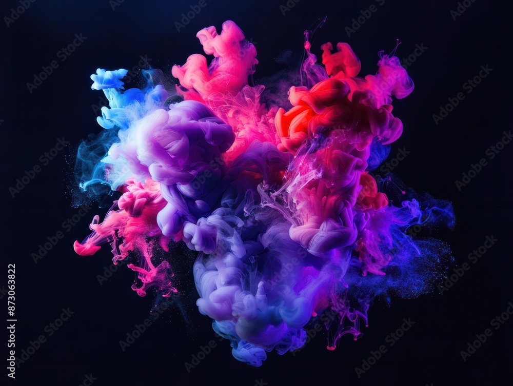 Poster abstract colorful explosion of neon ink on a black background. dynamic and bright display of colors 