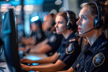 Police officers in a contemporary 911 emergency response call center, with space for text