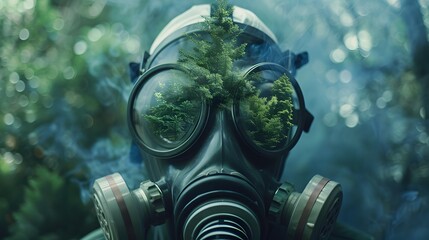 Gas Mask Surrounded by Lush Greenery in Polluted Environment