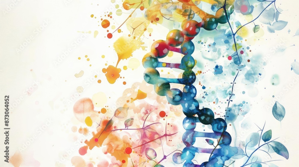 Poster colorful artistic representation of a dna double helix structure in watercolor style, depicting the 