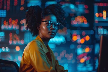 Portrait of a black afro american woman data analyst in information technology letting see data flow , professional business female with copy space