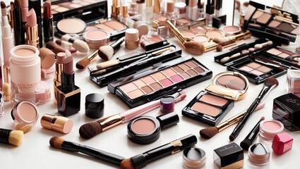 The image contains a large collection of makeup products, including lipsticks, eyeshadow palettes, foundation, and brushes.

