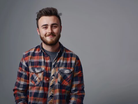 Attractive man in casual clothes, smiling and looking at the camera, isolated on a grey background with copy space.