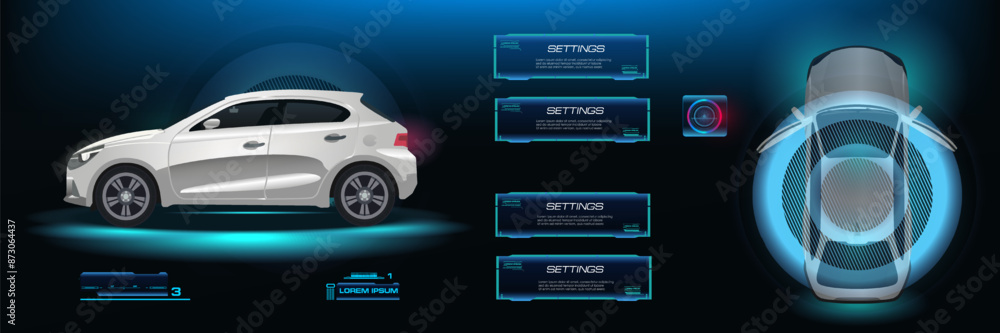 Poster interface with smart car. city electric car with touch interface and hud settings. futuristic naviga