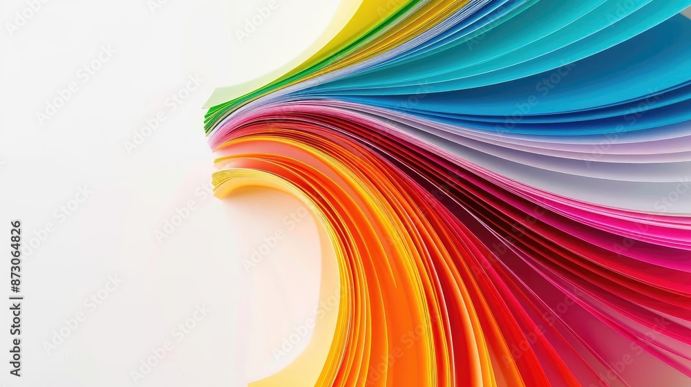 Poster Vibrant array of multicolored paper sheets beautifully fanned out on a white background, creating a rainbow-like visual art display.