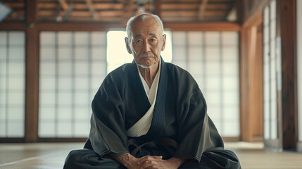 Elderly aikido master in kimono sits in training room