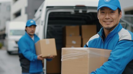 Smiling Delivery Workers Unloading Packages from Van