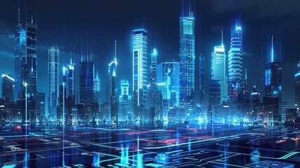 TechnoCity: Futuristic Urban Skyline with Data Visualizations and Neon Lights