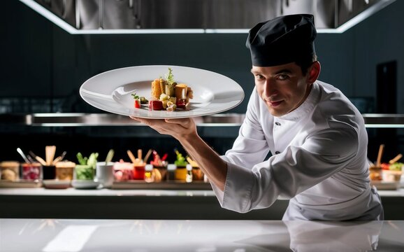 Fine dining chef presenting a beautifully arranged meal with elegant food decoration at a kitchen bar. Highlighting culinary artistry. Food concept, portrait photography