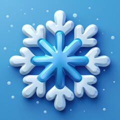 Close-up of a 3D rendered snowflake with intricate blue and white design on a light blue background representing winter and cold weather.