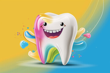 Introducing a vibrant and playful abstract cartoon tooth character, perfect for a best-selling dental wallpaper or background in marketing