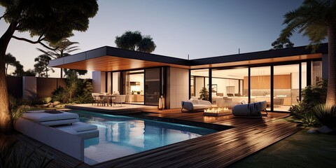 Fototapeta premium Modern home with a deck and courtyard area