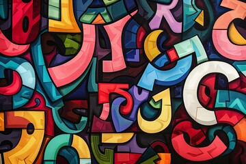 A wall covered in colorful, abstract graffiti letters and numbers. Generative AI
