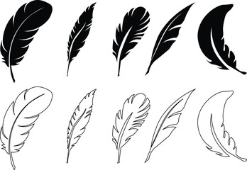 Set of Bird Feather. Feathers vector set in a flat style. Pen icon. Black quill feather silhouette. Plume let collection.vector eps10