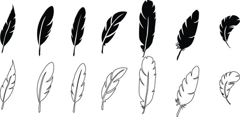 Set of Bird Feather. Feathers vector set in a flat style. Pen icon. Black quill feather silhouette. Plume let collection.vector eps10 © JunnU studio