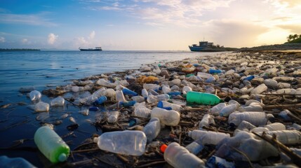 Ocean pollution caused by plastic bottles and microplastics