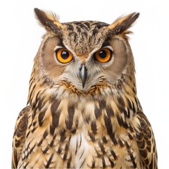 Obraz premium Portrait of Eurasian Eagle-Owl, Bubo bubo, a species of eagle owl, standing in front of white background