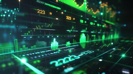 Fototapeta premium A conceptual image of a graph illustrating the performance of profit growth from 2023 to 2024, projected onto a virtual screen with digital numbers 