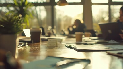 A close-up shot of a cluttered conference table with documents, laptops, and coffee cups, people in a meeting, animated discussions, some pointing at papers
