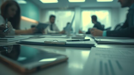 Fototapeta premium A close-up view of a busy conference table with papers, tablets, and stationery, people in a meeting, focused and engaged, some leaning over the table