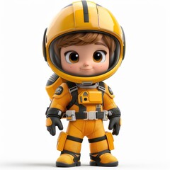 Fototapeta premium Cute 3D cartoon astronaut child in a yellow spacesuit. Adorable character design suitable for children's books, games, or animations.