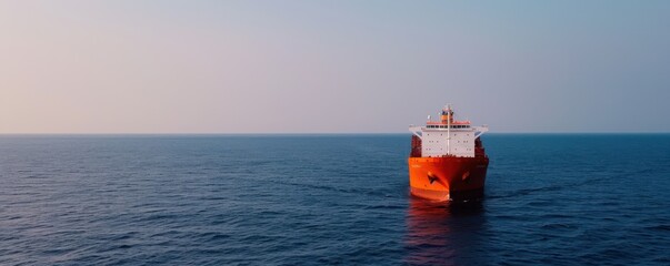 Fototapeta premium Cargo Ship Sailing on Calm Ocean Waters at Sunset