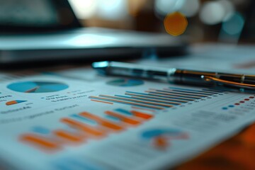 Close-up of financial documents with graphs and charts, intense focus, captured in Documentary Photography style