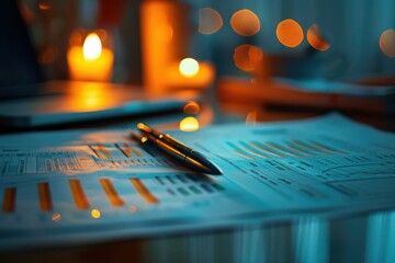 Close-up of financial documents with graphs and charts, intense focus, captured in Documentary Photography style