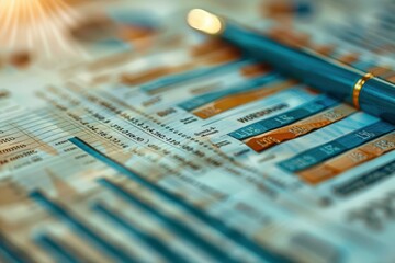 Close-up of financial documents with graphs and charts, intense focus, captured in Documentary Photography style