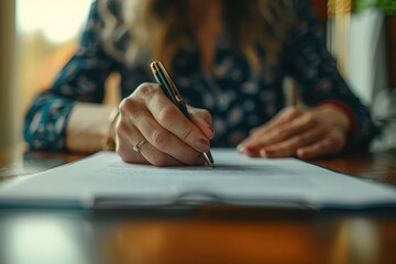 close-up shot of a person signing an important document, pen in hand, focused expression, documentary photography style