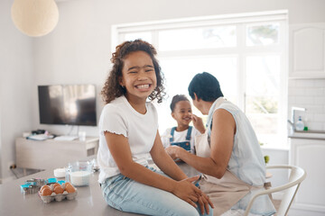 Fototapeta premium Girl, portrait and family for baking together in kitchen, learning and love for cooking. Female person, helping and education for child development, grandma and bonding in home with weekend pastry