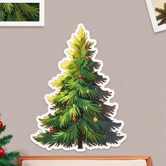 Sticker with white border of Christmas trees, Christmas pines. Christmas decoration