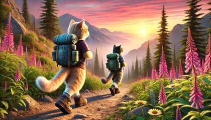 Two adventurous cats wearing small backpacks and hiking boots, trekking along a scenic mountain trail at sunrise. They walk single file on a narrow path, surrounded by vibrant wildflowers, pine trees