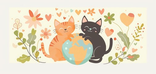 A cute flat illustration of two cats sitting on top of an earth globe surrounded by hearts, flowers, and leaves with the text "International CAT DAY". 